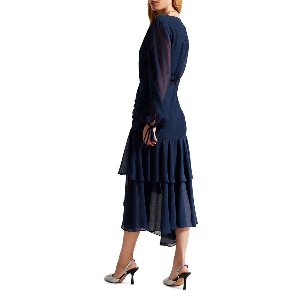 NWT Ted Baker Women’s Kiali Long Sleeves Navy Blue Chiffon Ruched Midi Dress - Picture 2 of 4